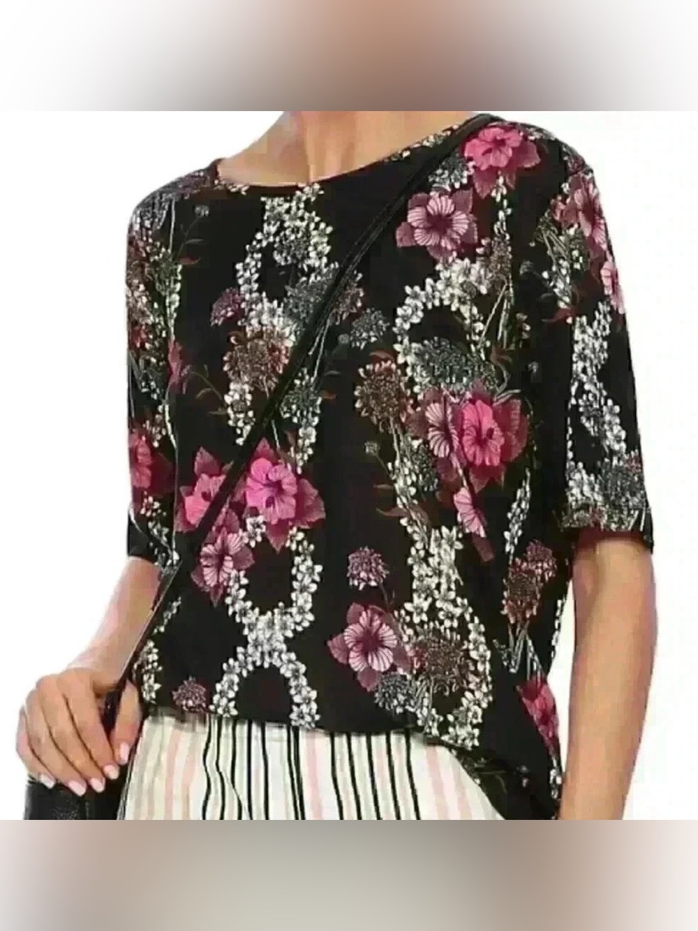 SANDRO Paris Black Floral Black Short Sleeve Open Back Blouse Top Sz US 4